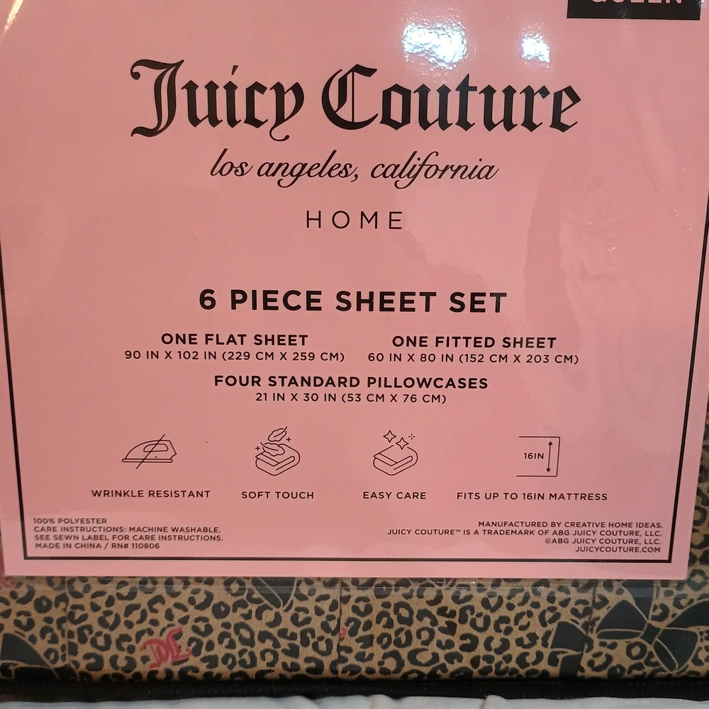 New Juicy Couture Leopard Print Bow & Logo Sheet Set Size Queen